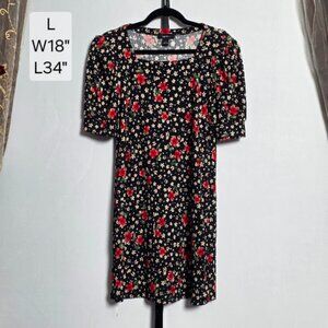 Kaktus Dress Women's L Black Red Floral Square Neck Puff Sleeve Stretch Mini USA